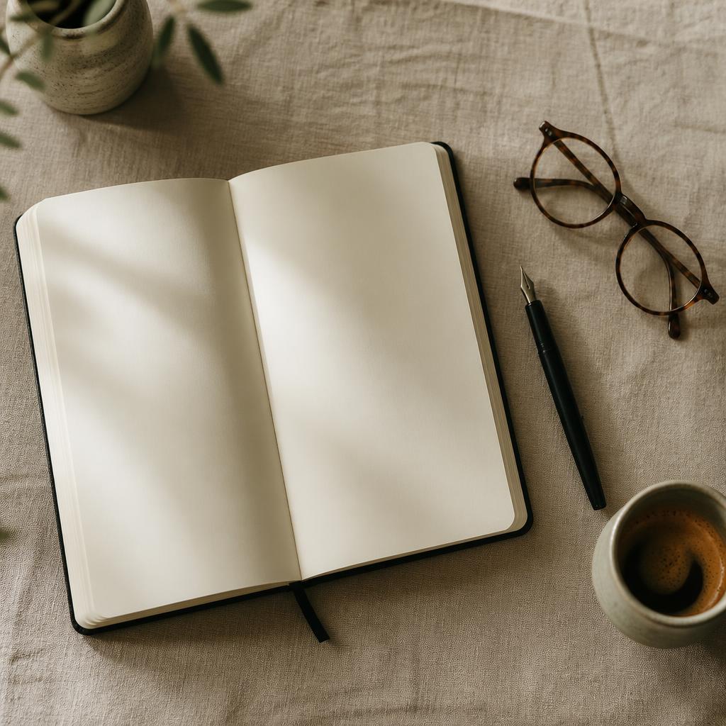 Schreibtisch mit Notizbuch, Brille und Füllfederhalter